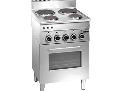 FOURNEAU 4 PLAQUES RONDES 2x2,6kW+2x1,5kW SUR FOUR ELECTRIQUE VENTILE DOTATION FOUR: 1 GRILLE 450x365x15 CHROME ET 1 PLAQUE 450x390x25 ÉMAILLÉ