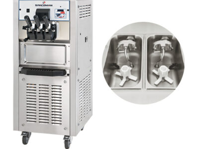 MACHINE A GLACE SPACEMAN SUR ROULETTES AVEC POMPE 2 PARFUMS ET 1 MELANGE DES DEUX 300CORNETS/H