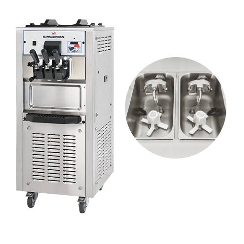 MACHINE A GLACE SPACEMAN SUR ROULETTES AVEC POMPE 2 PARFUMS ET 1 MELANGE DES DEUX 300CORNETS/H