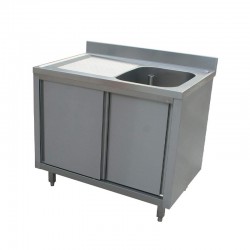 PLONGE INOX - 1 BAC ÉGOUTTOIR GAUCHE - 1400 X 700 MM - PLACARD FERMÉ