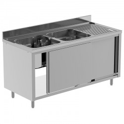 PLONGE INOX - 2 BACS ÉGOUTTOIR DROITE - 1600 X 700 MM - PLACARD FERMÉ